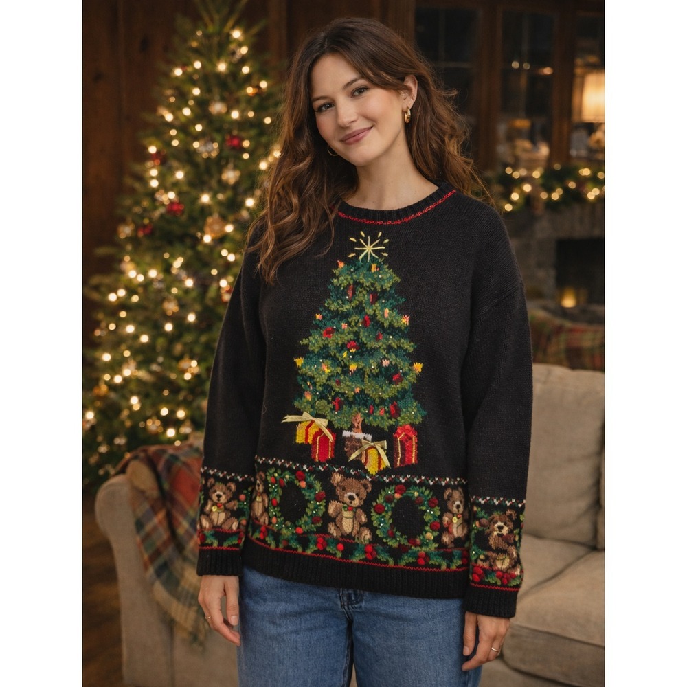 VTG The Christmas Collection Womens Cozy Winter Bear Ugly Sweater Size L Holiday